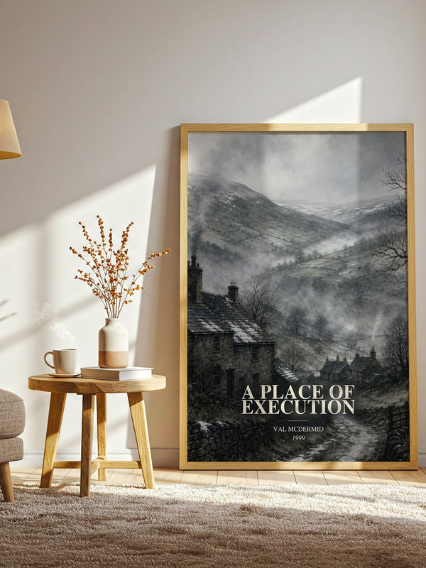 A Place of Execution watercolour print in frame leaning in hallway – crime wall art
