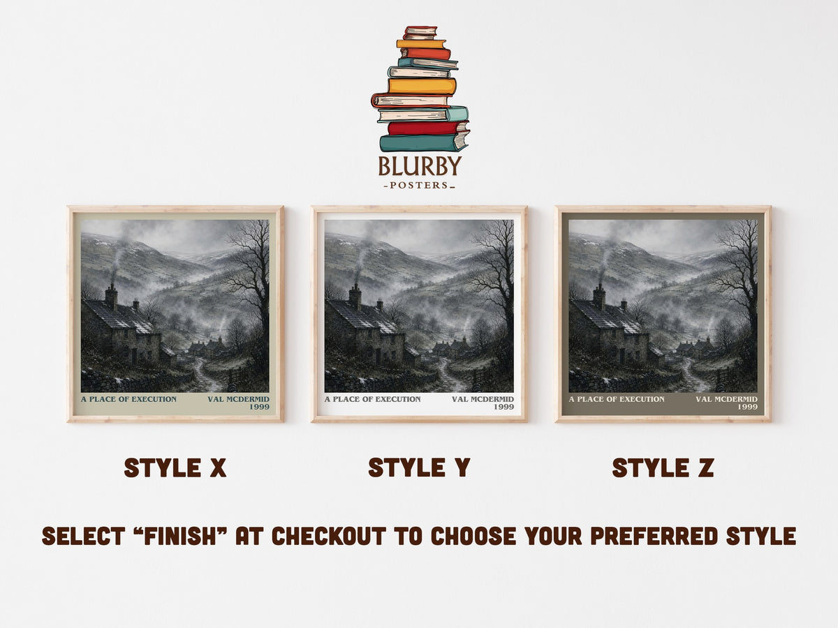 A Place of Execution literary print in frame leaning in hallway – crime wall art (mockup)