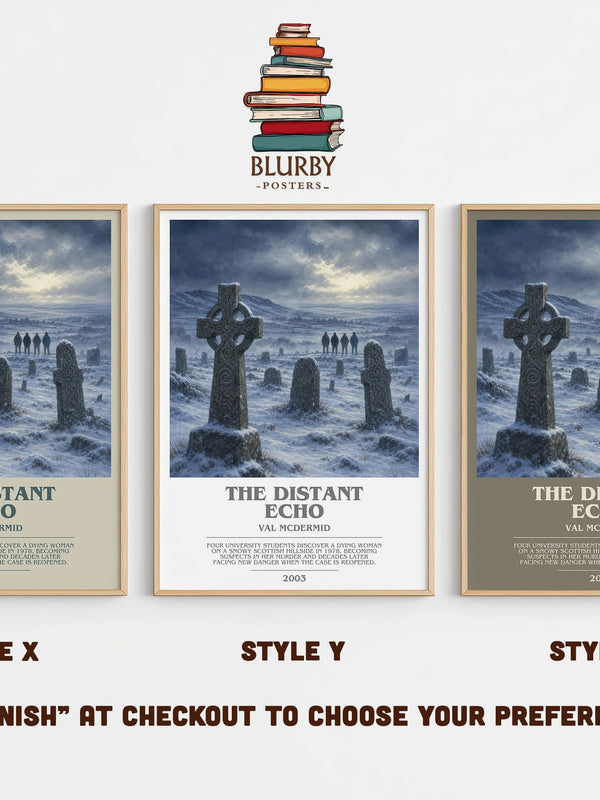 The Distant Echo bookish print in frame leaning in hallway – crime wall art