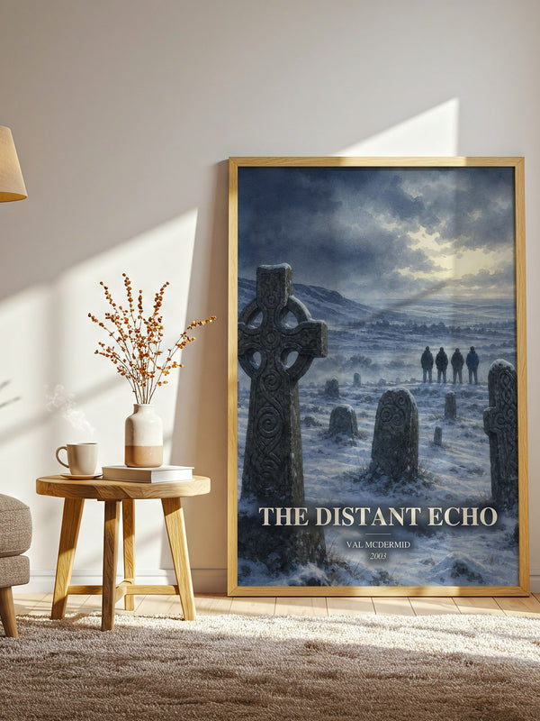 The Distant Echo watercolour print in frame leaning in hallway – crime wall art