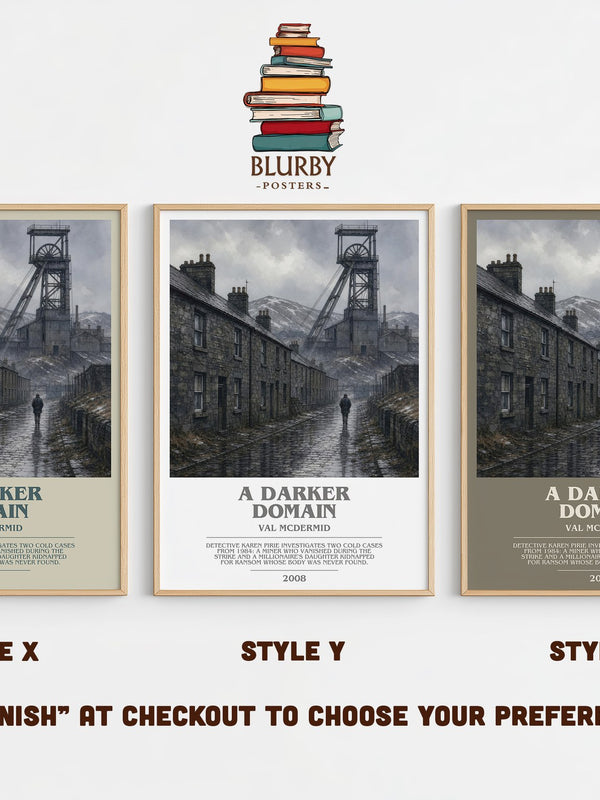 A Darker Domain bookish print in frame leaning in hallway – crime wall art