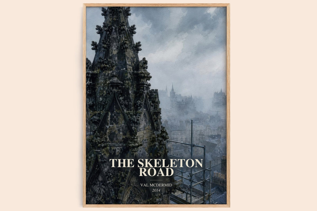 The Skeleton Road watercolour book poster by Val McDermid – framed literary art print