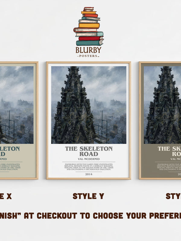 The Skeleton Road bookish print in frame leaning in hallway – crime wall art