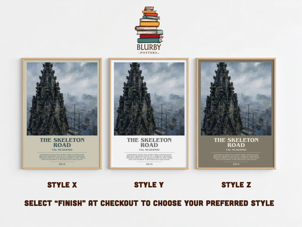 The Skeleton Road bookish print in frame leaning in hallway – crime wall art (mockup)