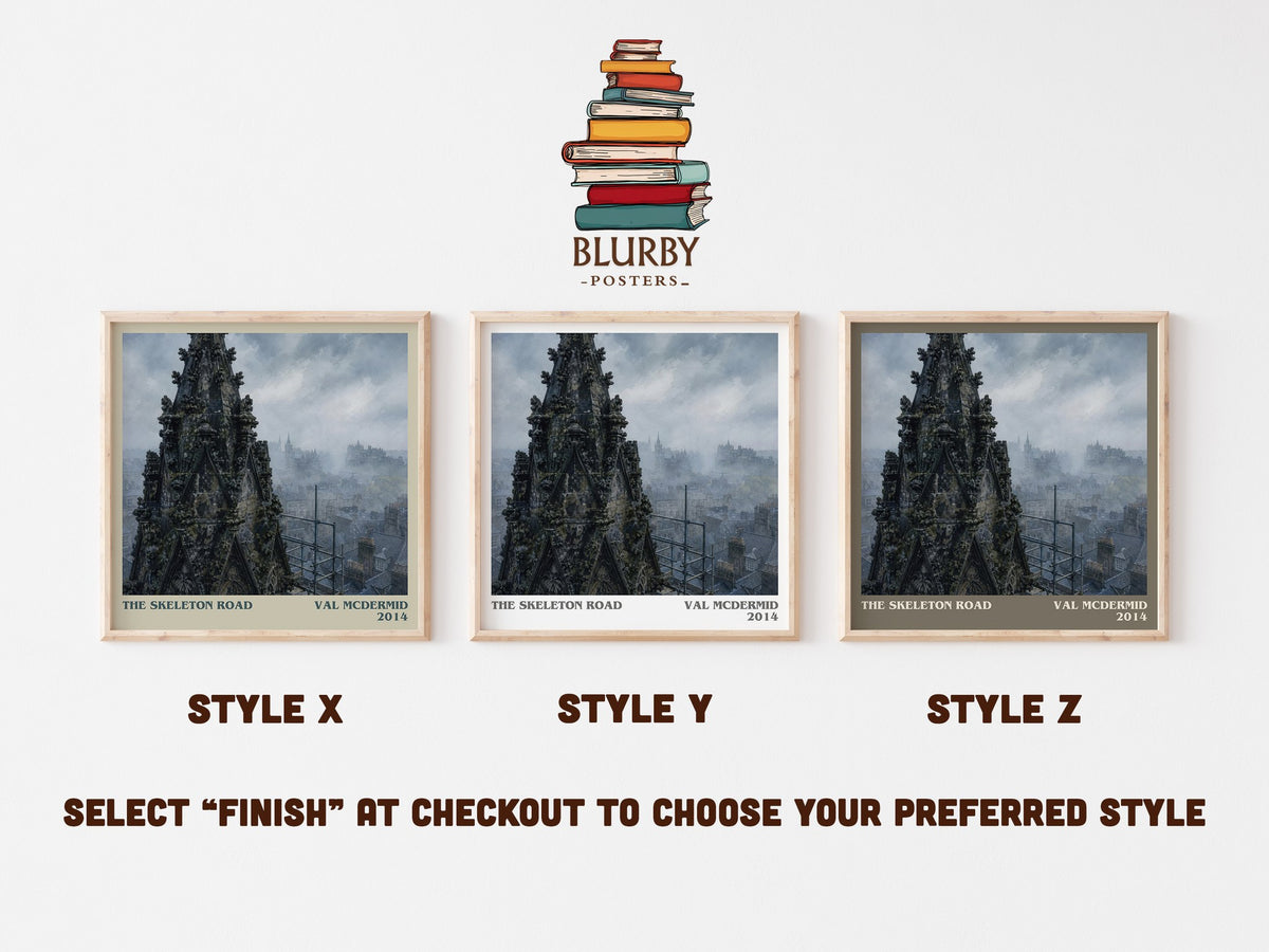 The Skeleton Road literary print in frame leaning in hallway – crime wall art (mockup)