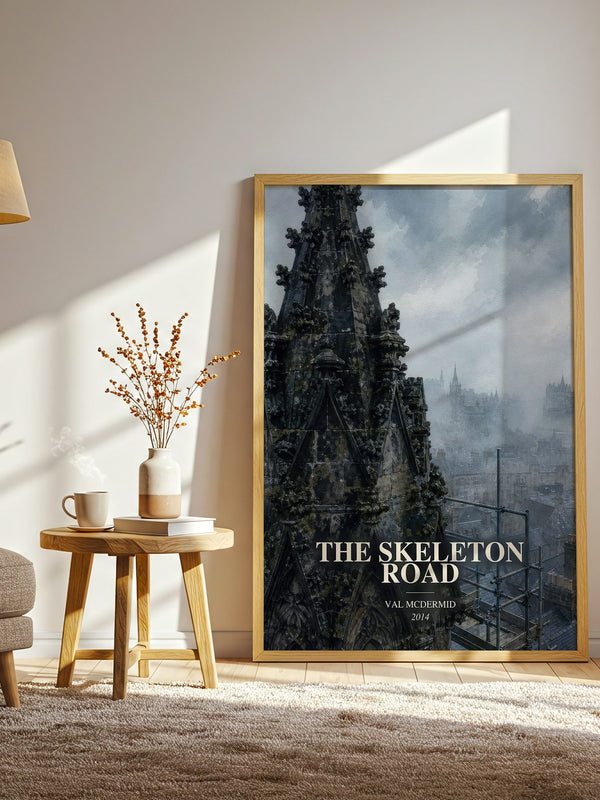 The Skeleton Road watercolour print in frame leaning in hallway – crime wall art