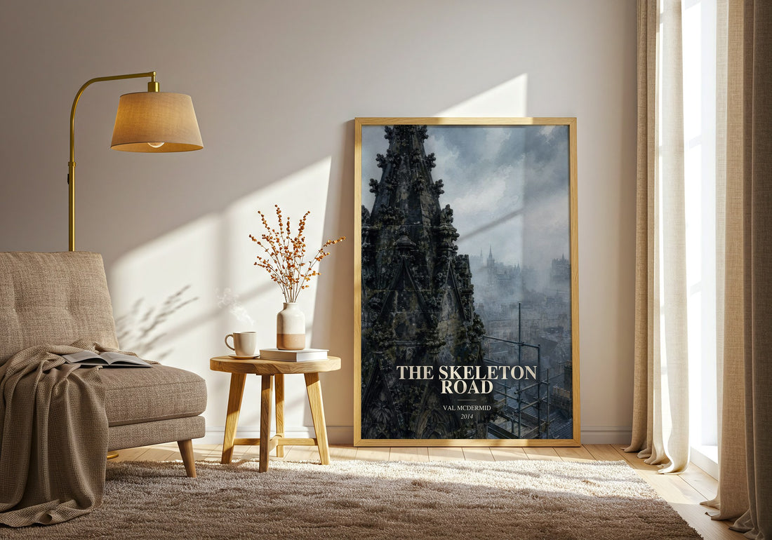 The Skeleton Road watercolour print in frame leaning in hallway – crime wall art (mockup)
