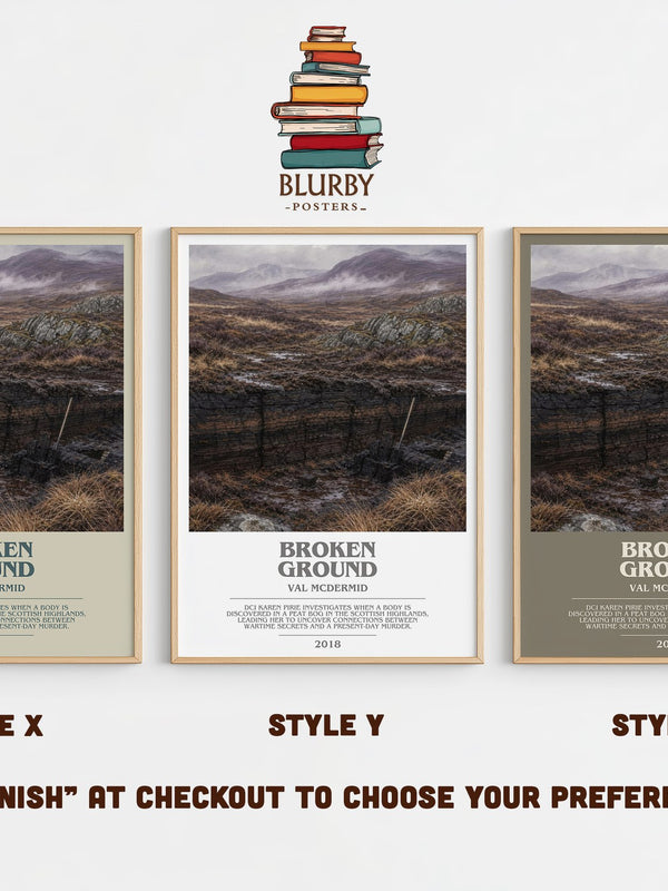 Broken Ground bookish print in frame leaning in hallway – crime wall art