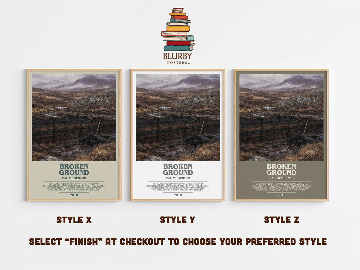 Broken Ground bookish print in frame leaning in hallway – crime wall art (mockup)