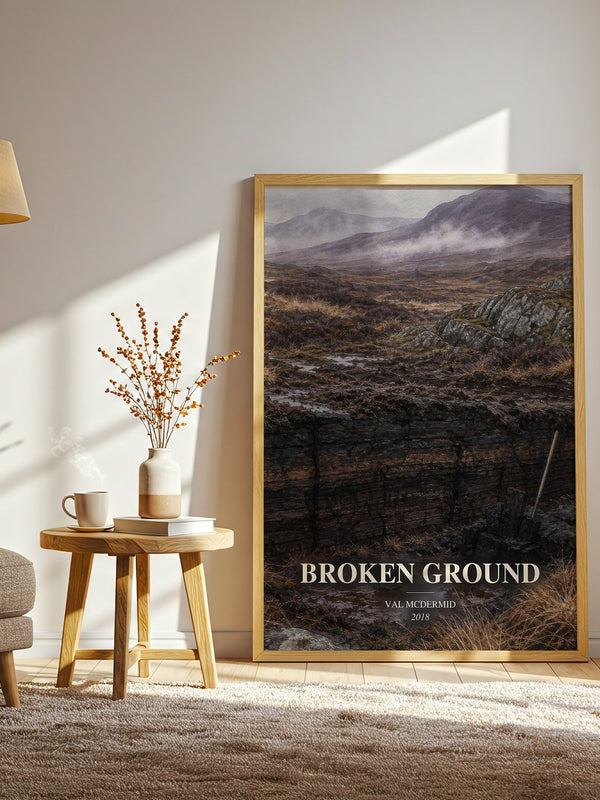 Broken Ground watercolour print in frame leaning in hallway – crime wall art