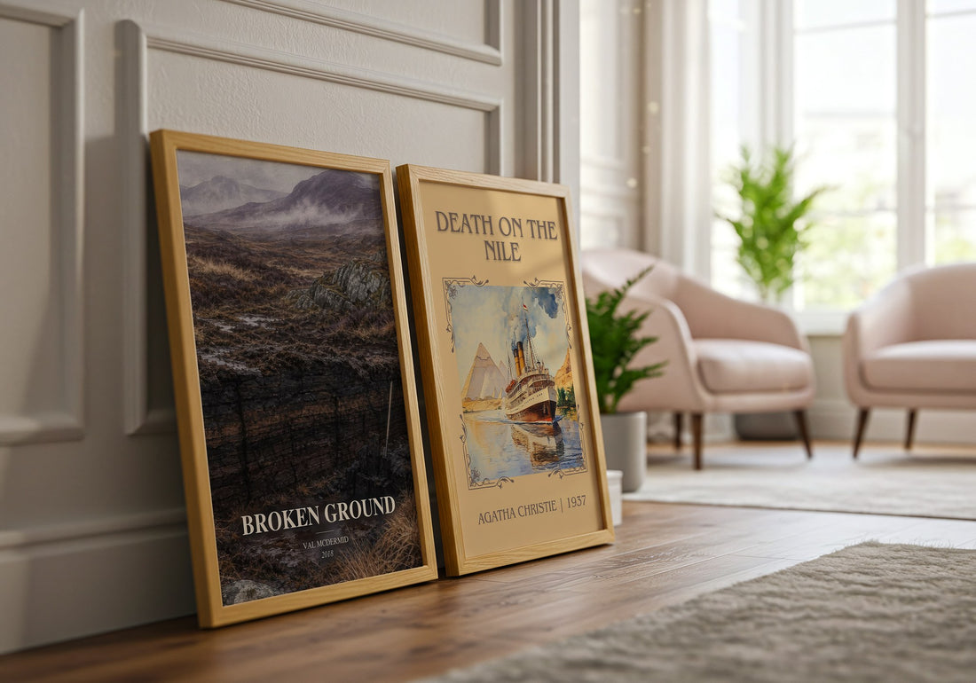 Broken Ground watercolour print framed by window – literary home decor