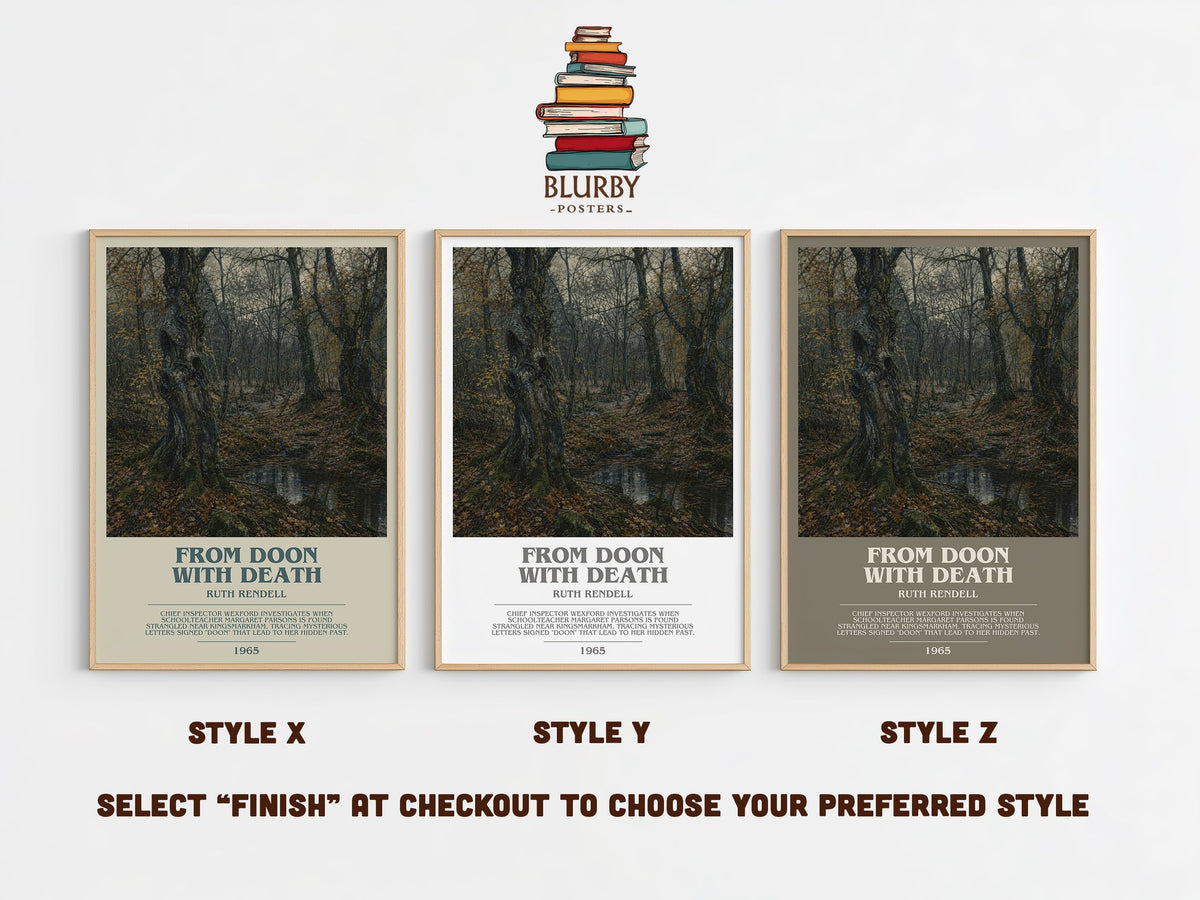 From Doon with Death bookish print in frame leaning in hallway – crime wall art (mockup)