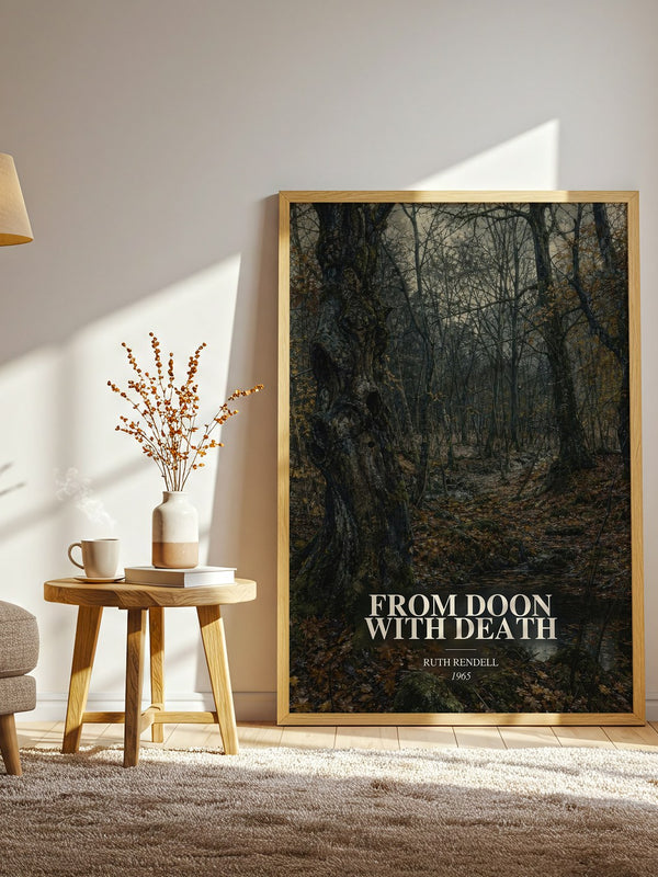 From Doon with Death watercolour print in frame leaning in hallway – crime wall art