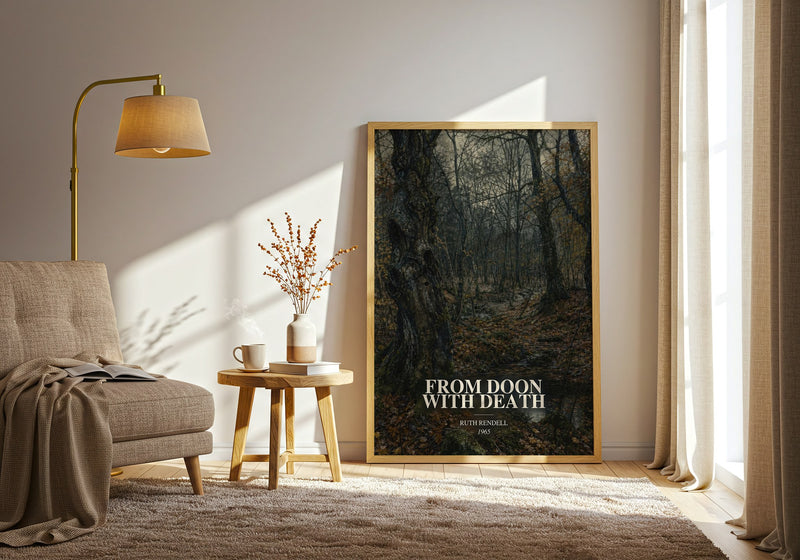 From Doon with Death watercolour print in frame leaning in hallway – crime wall art