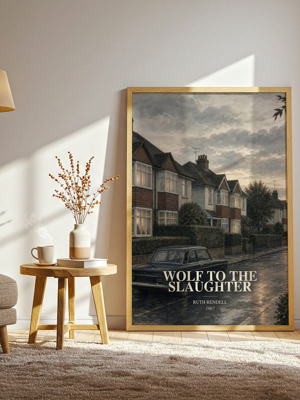 Wolf to the Slaughter watercolour print in frame leaning in hallway – crime wall art