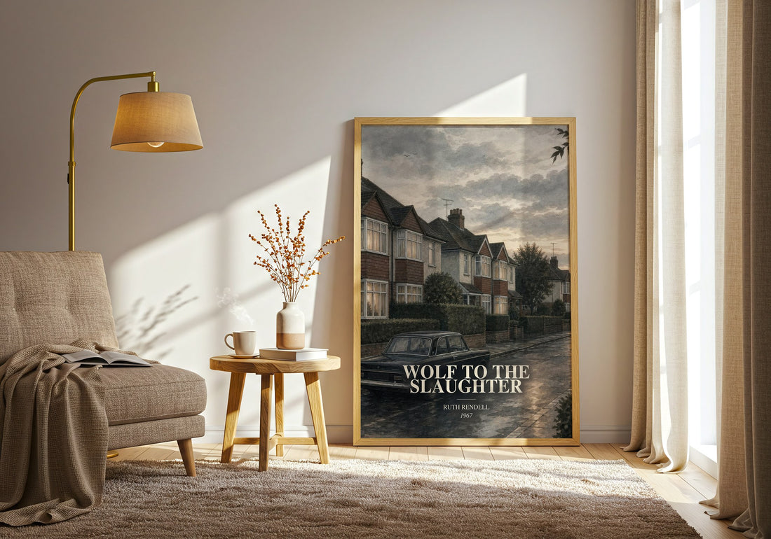Wolf to the Slaughter watercolour print in frame leaning in hallway – crime wall art (mockup)