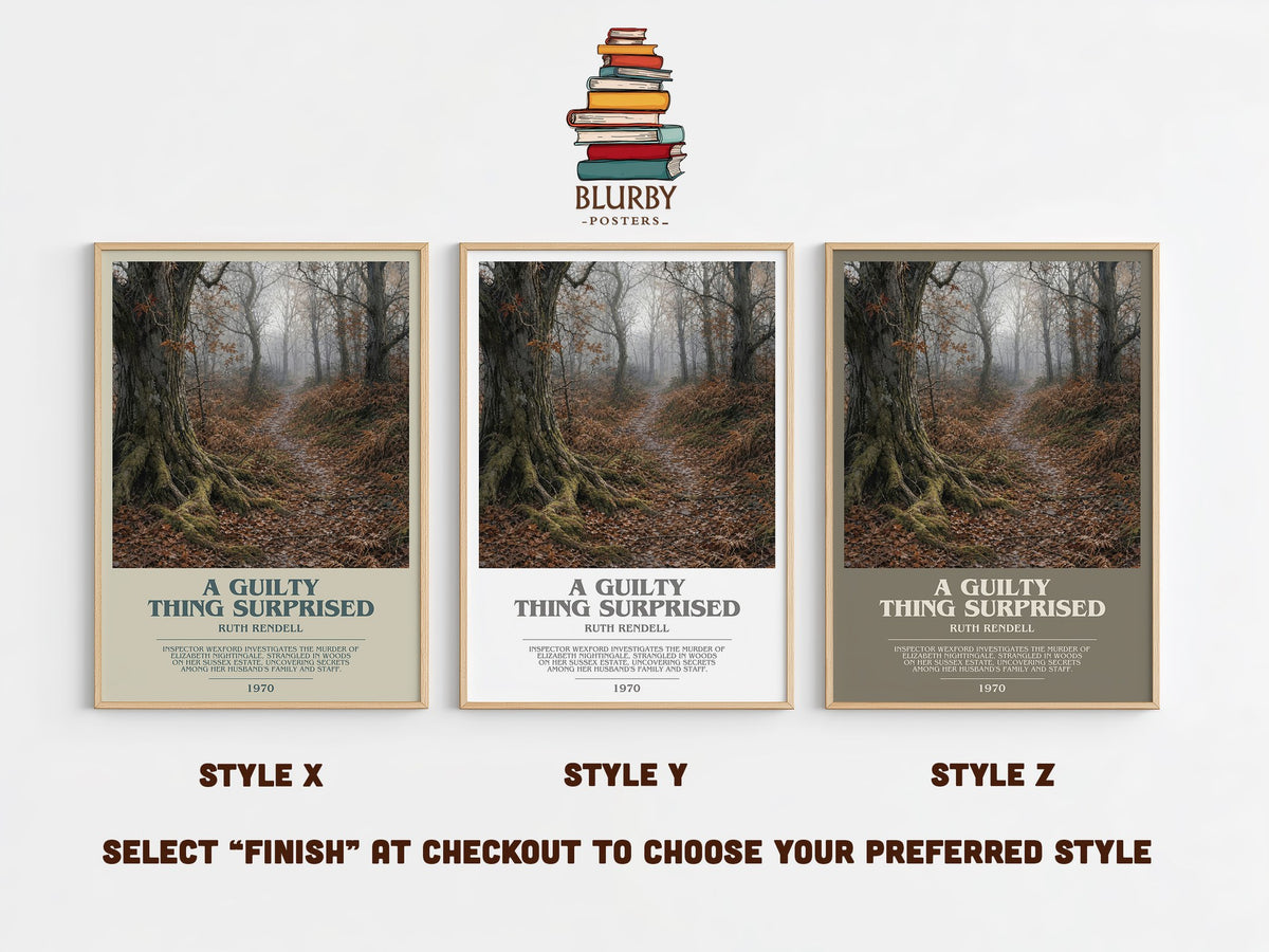A Guilty Thing Surprised bookish print in frame leaning in hallway – crime wall art (mockup)