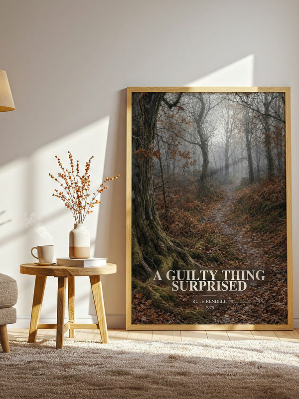 A Guilty Thing Surprised watercolour print in frame leaning in hallway – crime wall art