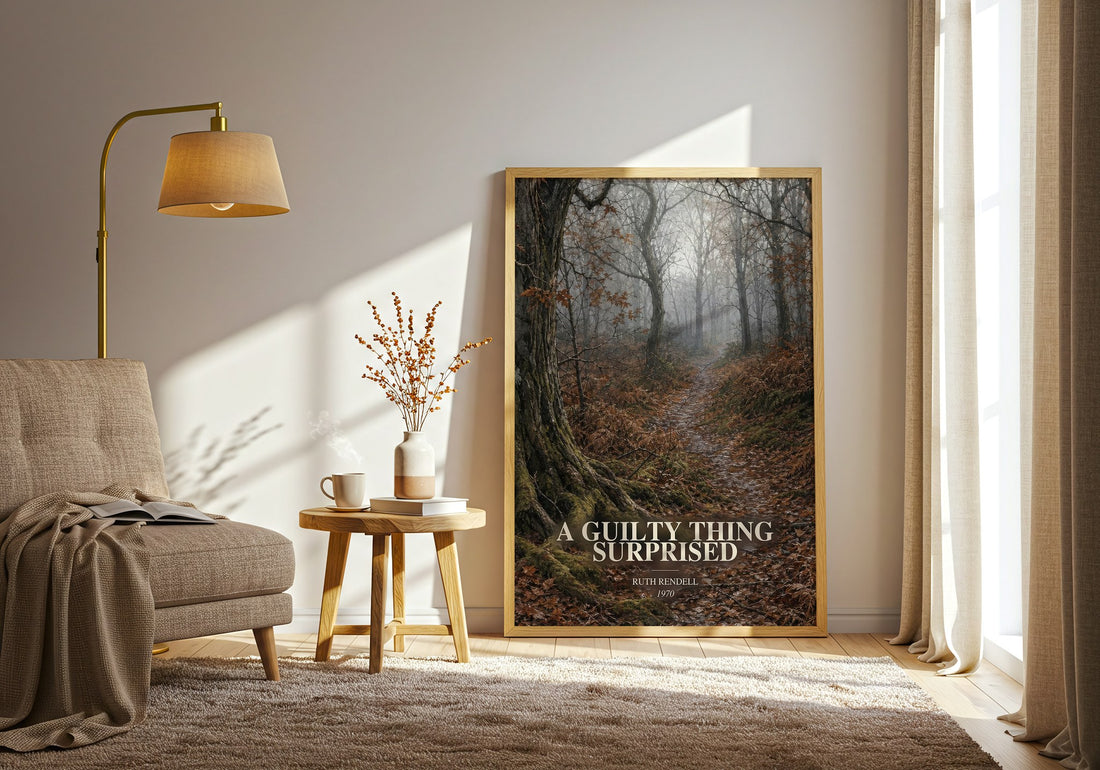 A Guilty Thing Surprised watercolour print in frame leaning in hallway – crime wall art (mockup)
