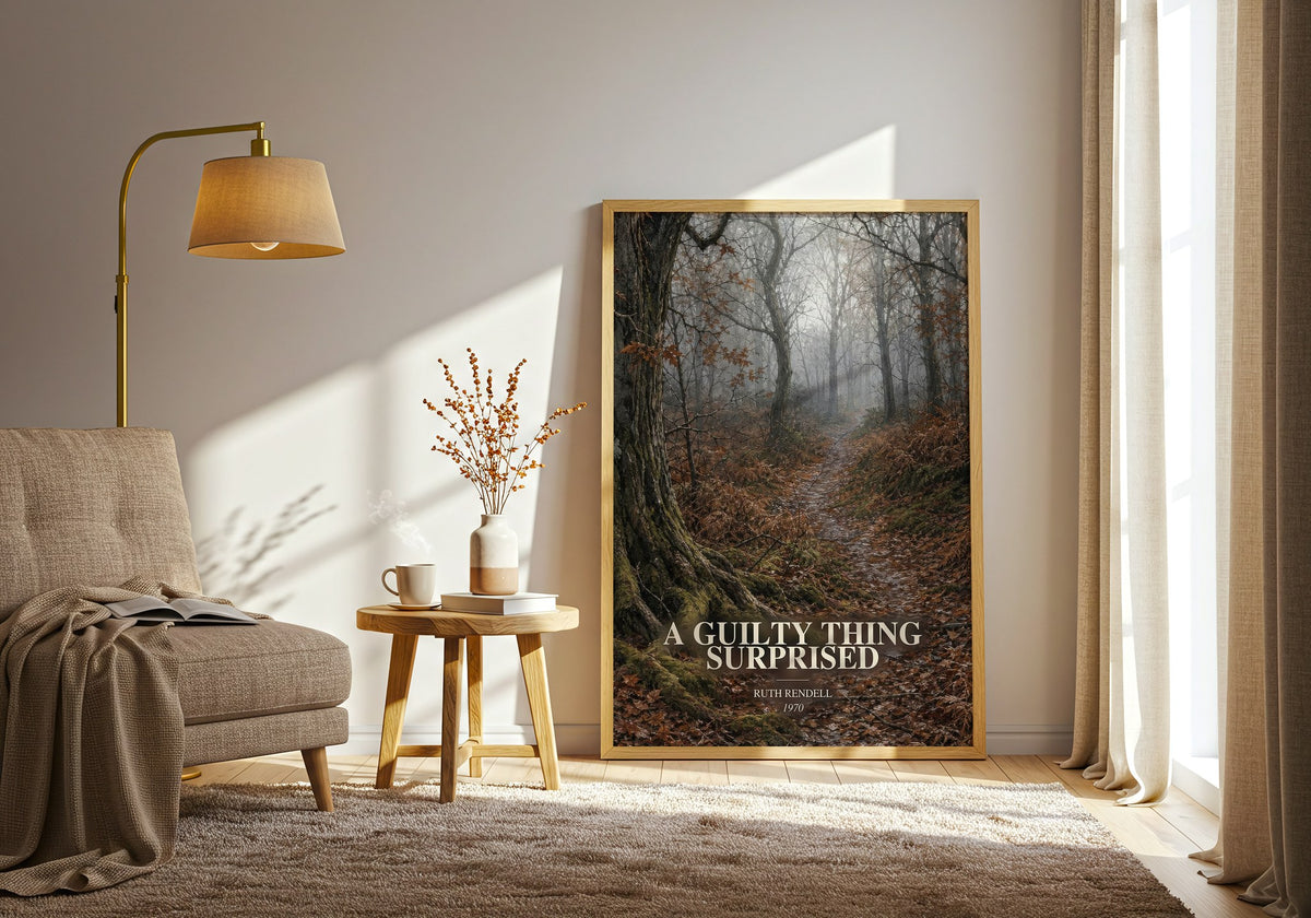 A Guilty Thing Surprised watercolour print in frame leaning in hallway – crime wall art (mockup)