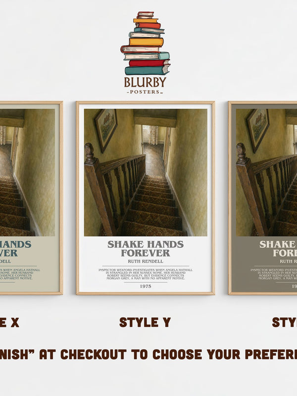 Shake Hands Forever bookish print in frame leaning in hallway – crime wall art