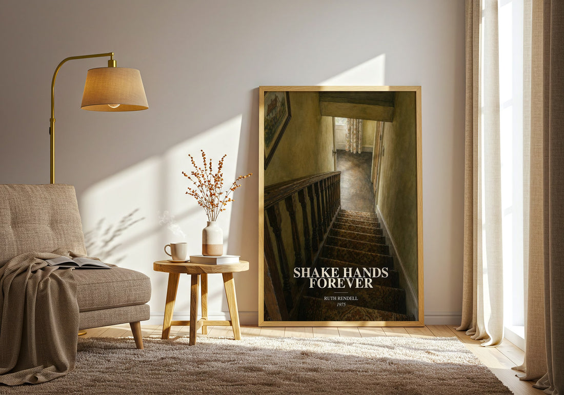 Shake Hands Forever watercolour print in frame leaning in hallway – crime wall art (mockup)