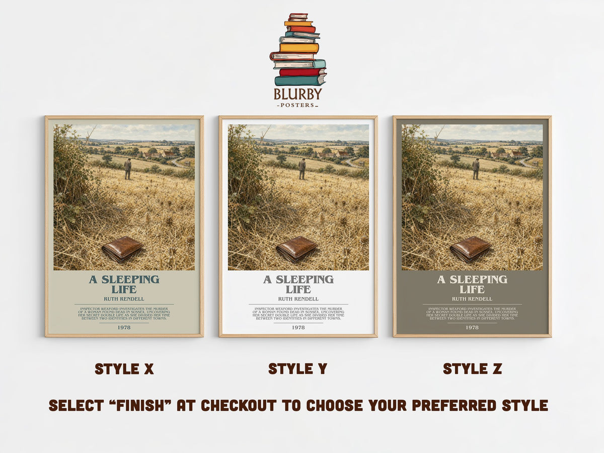 A Sleeping Life bookish print in frame leaning in hallway – mystery wall art (mockup)