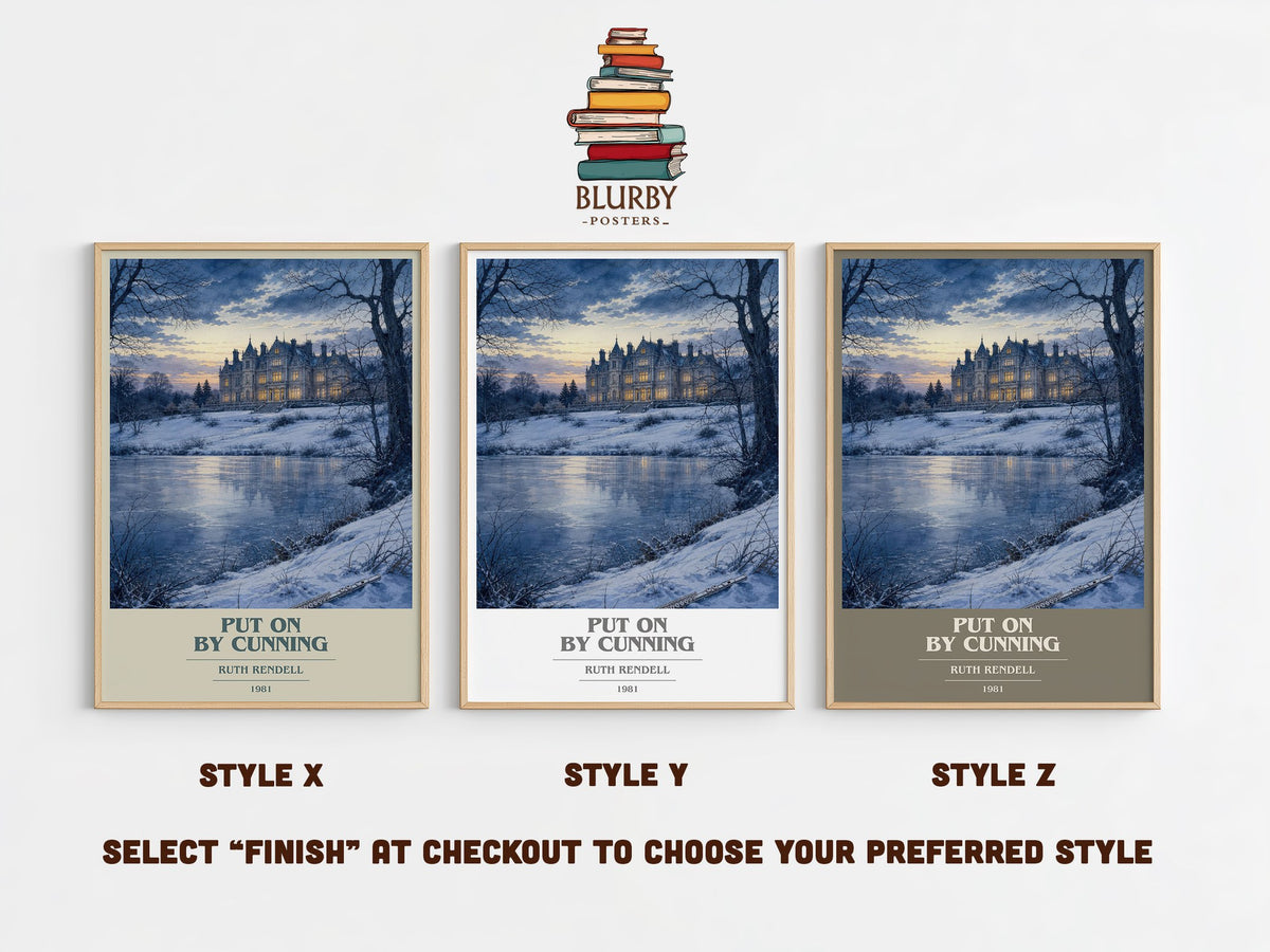 Put On by Cunning book cover print in frame leaning in hallway – crime wall art (mockup)