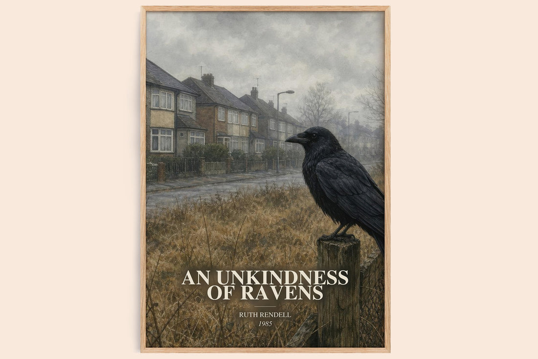An Unkindness of Ravens watercolour book poster by Ruth Rendell – framed literary art print