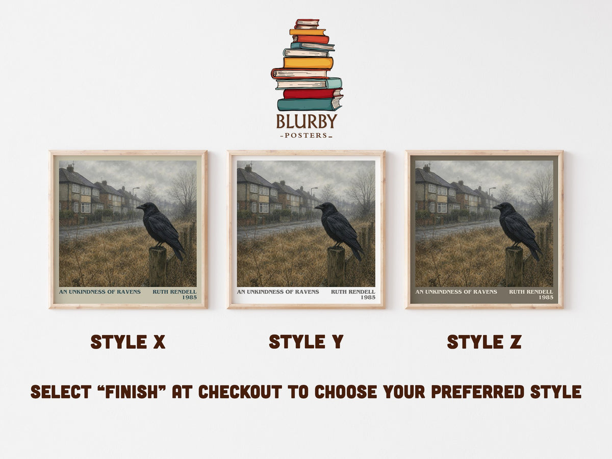 An Unkindness of Ravens literary print in frame leaning in hallway – crime wall art (mockup)