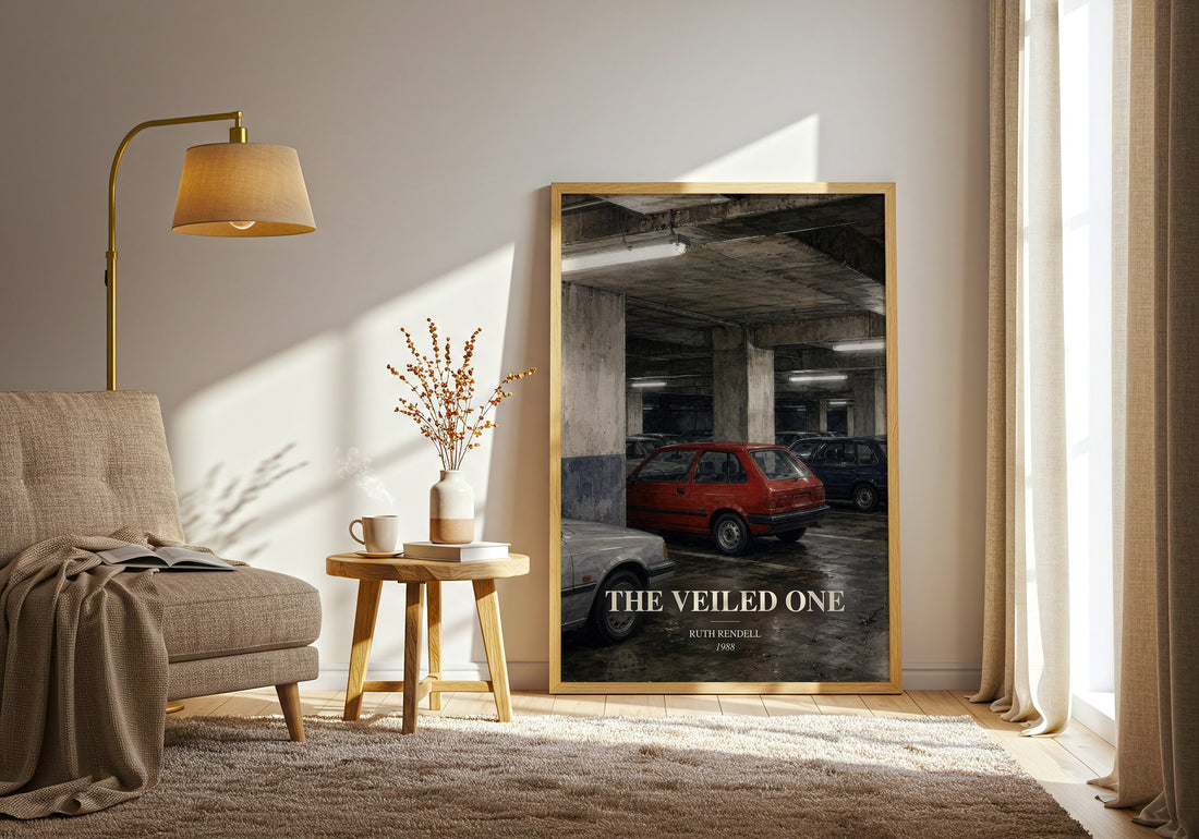 The Veiled One watercolour print in frame leaning in hallway – crime wall art (mockup)