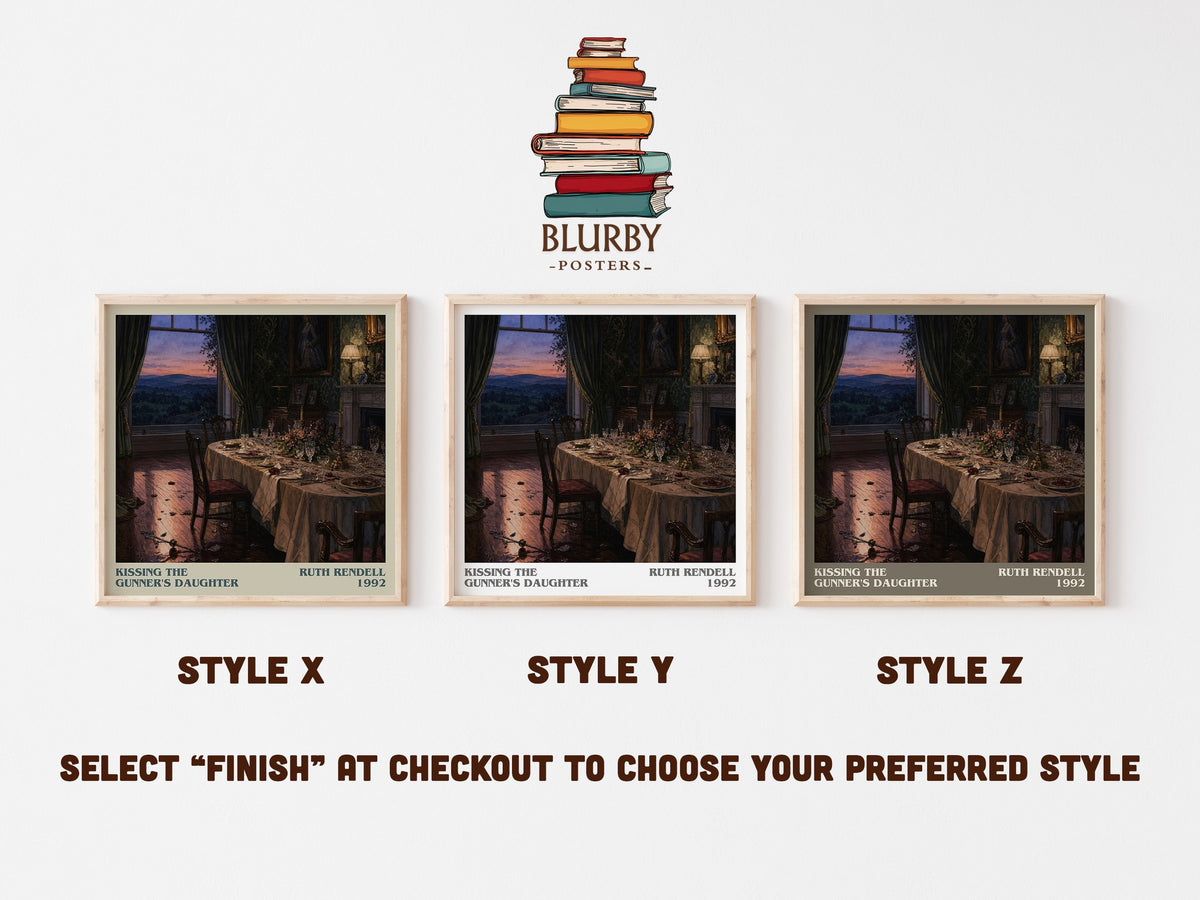 Kissing the Gunner's Daughter literary print in frame leaning in hallway – crime wall art (mockup)