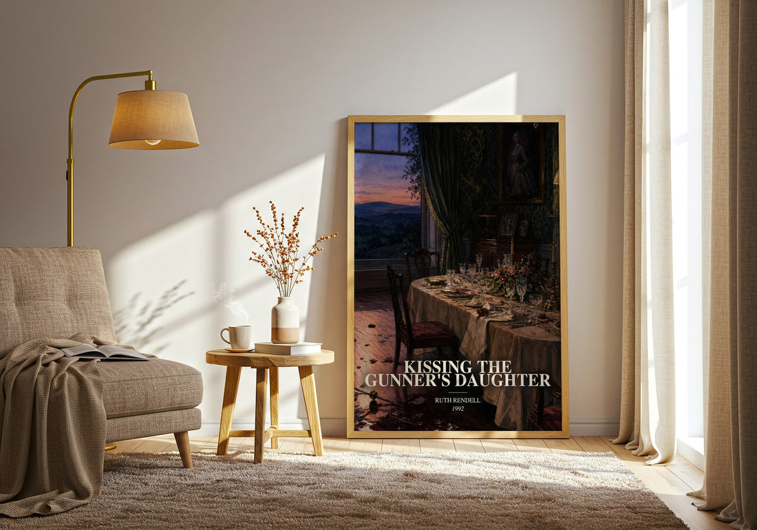 Kissing the Gunner's Daughter watercolour print in frame leaning in hallway – crime wall art (mockup)