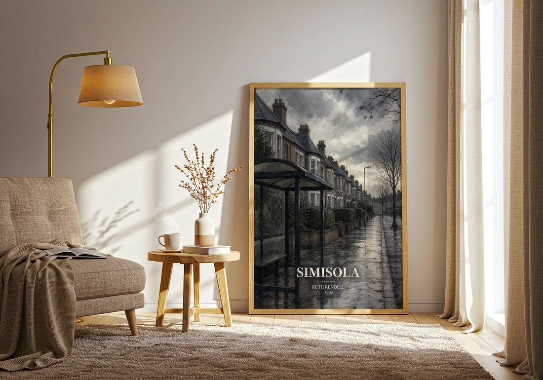 Simisola watercolour print in frame leaning in hallway – crime wall art (mockup)