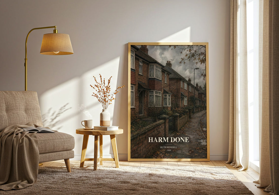Harm Done watercolour print in frame leaning in hallway – crime wall art (mockup)