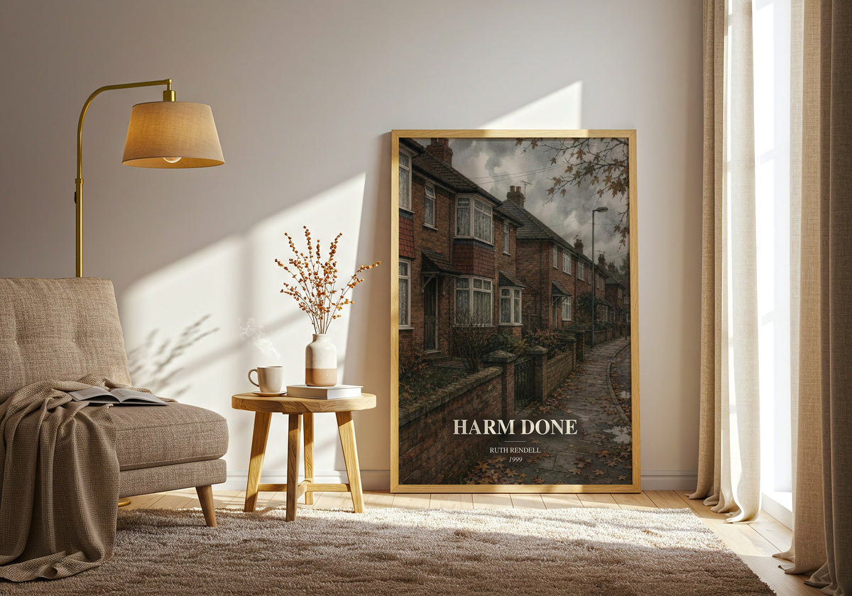 Harm Done watercolour print in frame leaning in hallway – crime wall art (mockup)