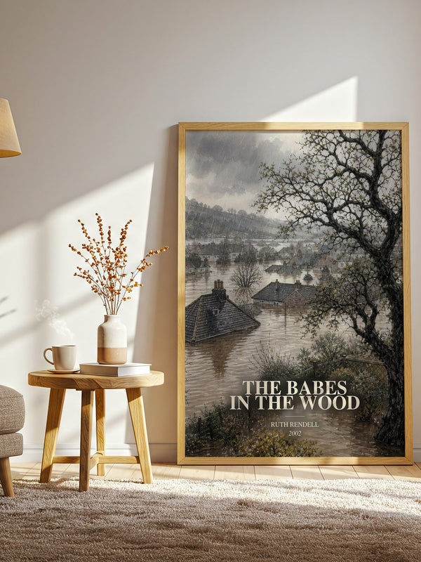 The Babes in the Wood watercolour print in frame leaning in hallway – crime wall art