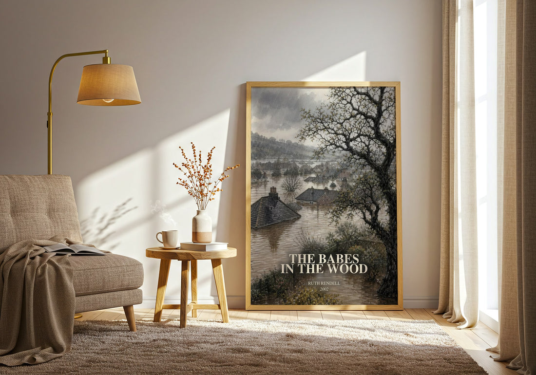 The Babes in the Wood watercolour print in frame leaning in hallway – crime wall art (mockup)