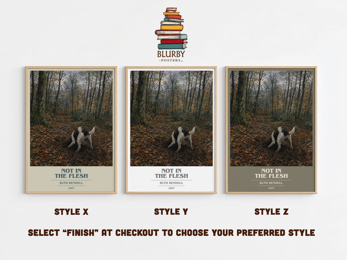 Not in the Flesh book cover print in frame leaning in hallway – crime wall art (mockup)