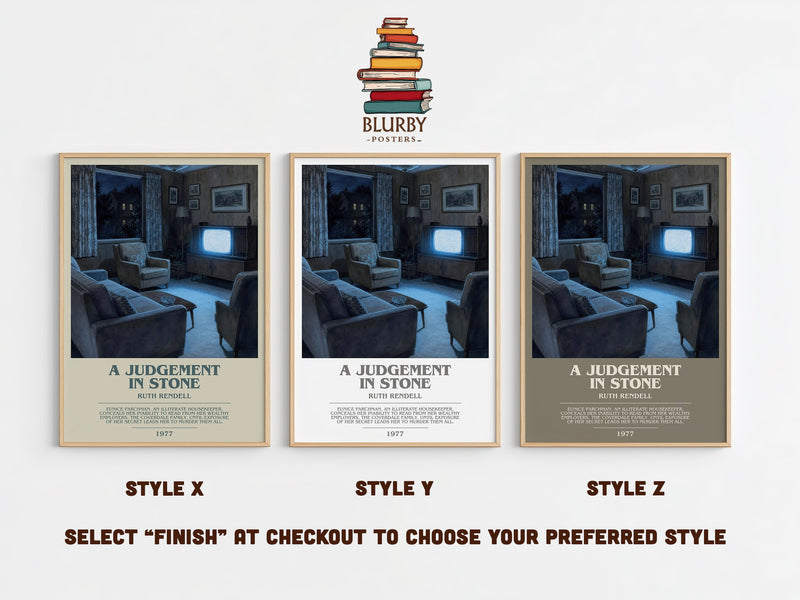 A Judgement in Stone bookish print in frame leaning in hallway – crime wall art