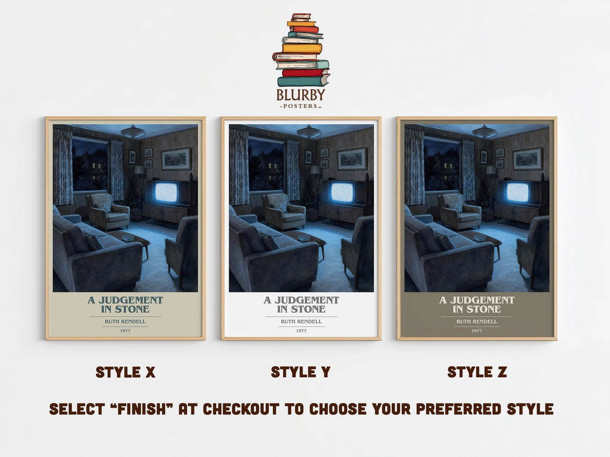 A Judgement in Stone book cover print in frame leaning in hallway – crime wall art (mockup)