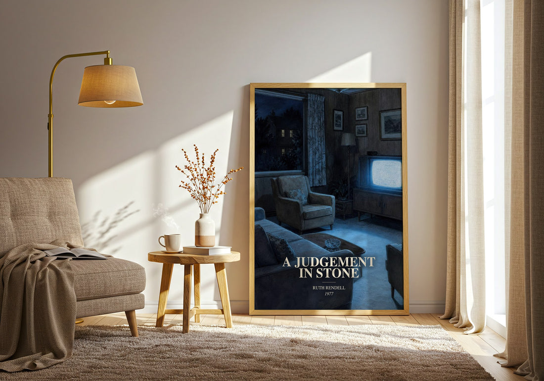 A Judgement in Stone watercolour print in frame leaning in hallway – crime wall art (mockup)