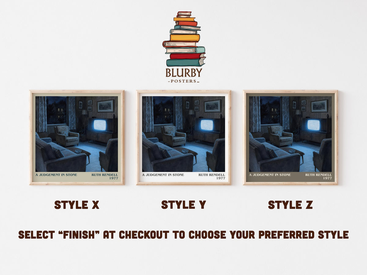 A Judgement in Stone literary print in frame leaning in hallway – crime wall art (mockup)