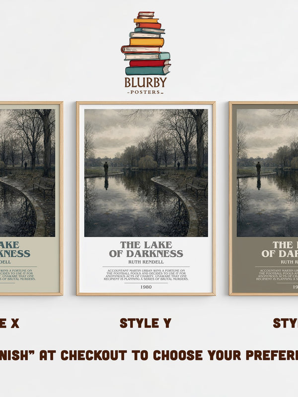 The Lake of Darkness bookish print in frame leaning in hallway – crime wall art