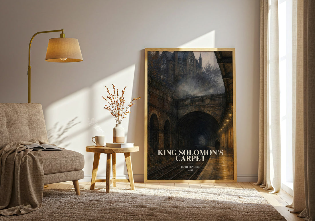 King Solomon's Carpet watercolour print in frame leaning in hallway – crime wall art (mockup)