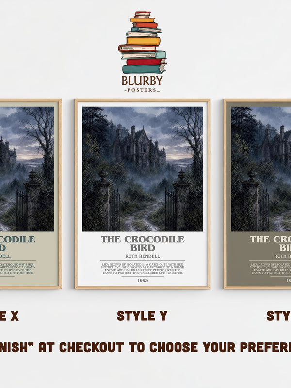 The Crocodile Bird bookish print in frame leaning in hallway – crime wall art