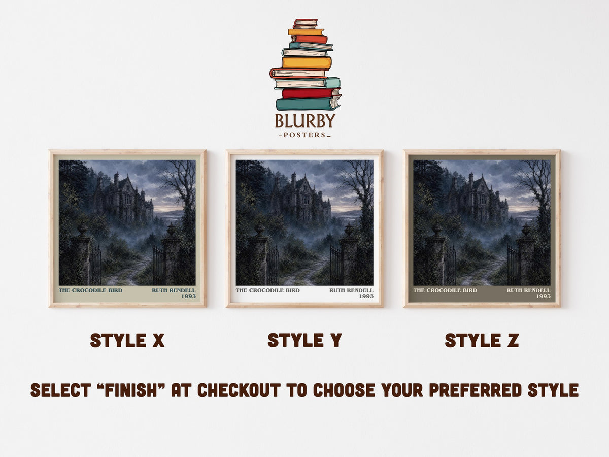 The Crocodile Bird literary print in frame leaning in hallway – crime wall art (mockup)