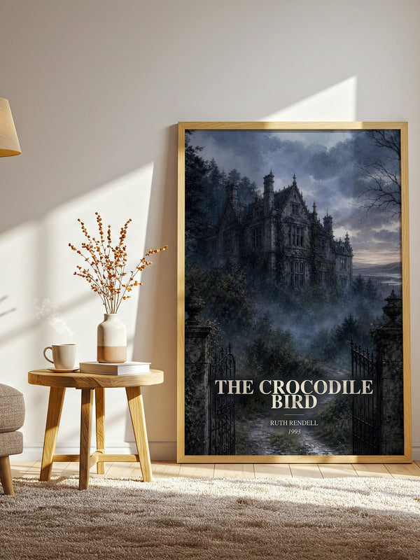 The Crocodile Bird watercolour print in frame leaning in hallway – crime wall art