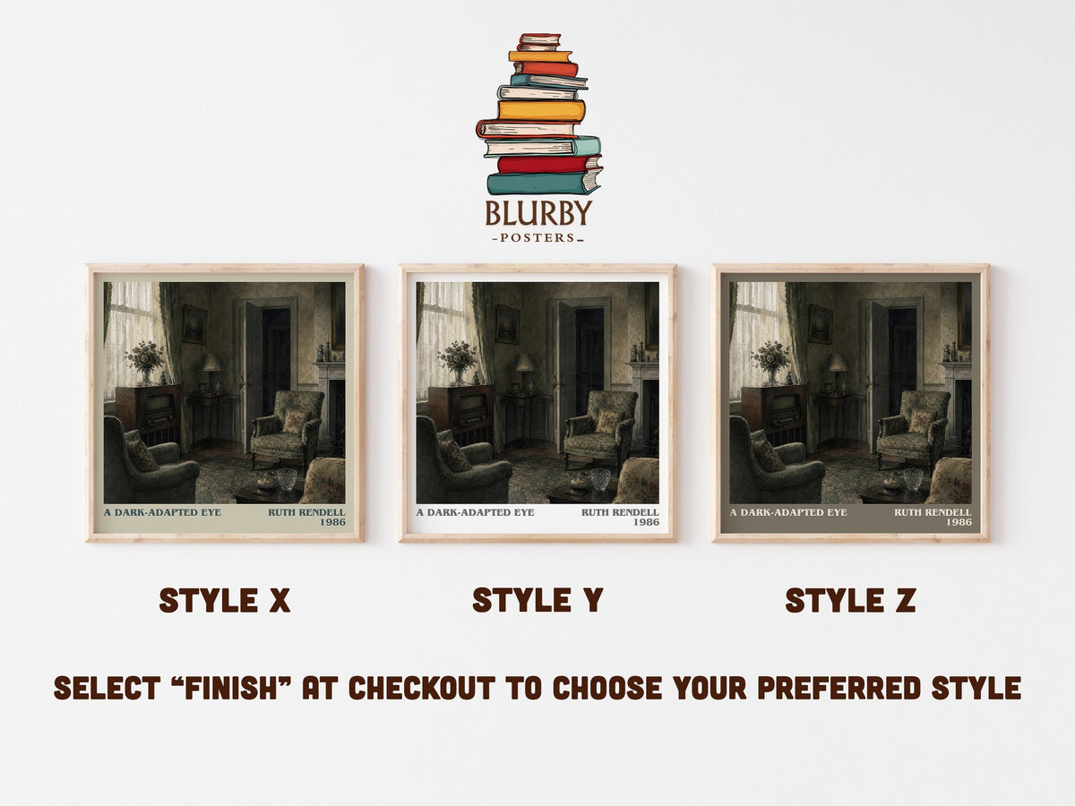 A Dark-Adapted Eye literary print in frame leaning in hallway – crime wall art (mockup)