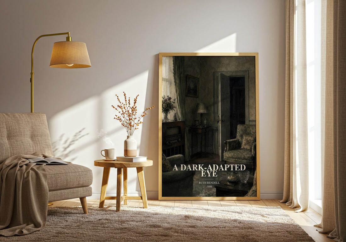 A Dark-Adapted Eye watercolour print in frame leaning in hallway – crime wall art (mockup)